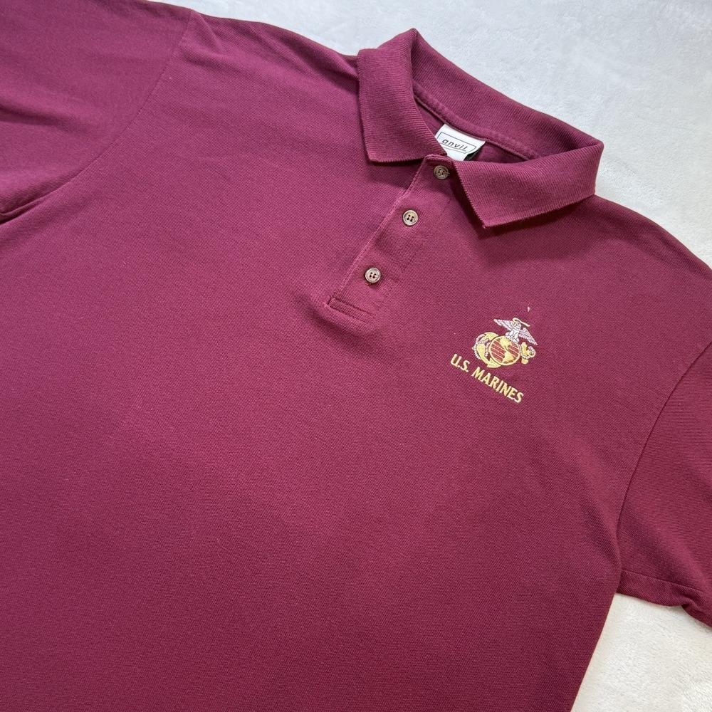 Vintage Anvil U.S. Marines Polo Shirt XL Burgundy Embroidered Military
